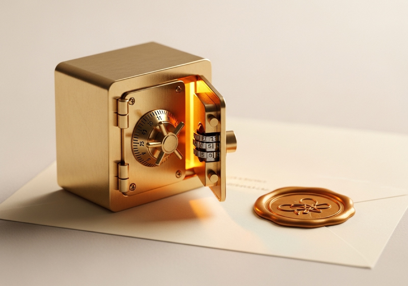 A small brass safe, slightly ajar with warm light inside, resting on cream paper beside a wax seal