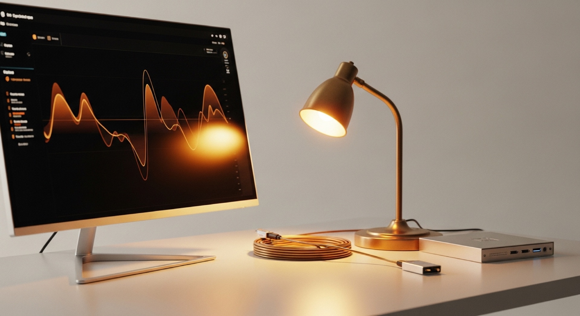 A calm operations desk watching infrastructure: a monitor of amber uptime graphs, a brass lamp, and a server node