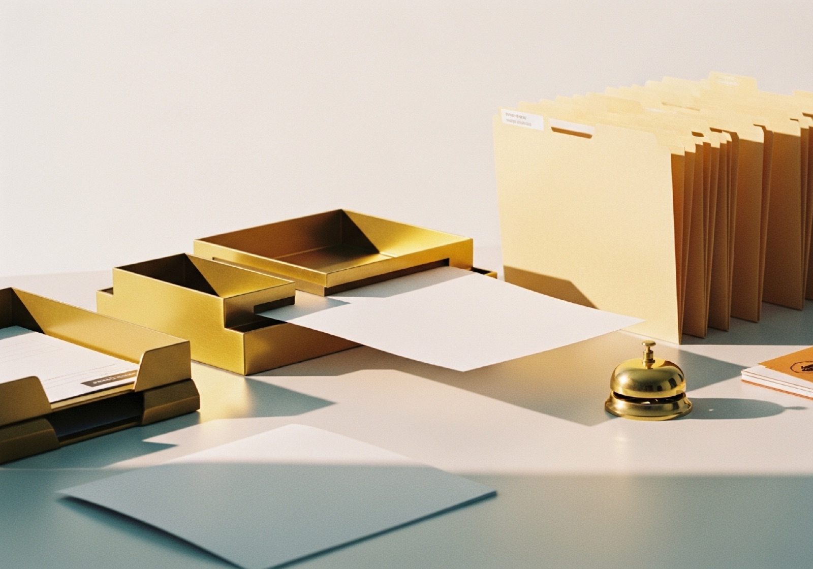 Bright operations desk where intake paperwork files itself into brass trays