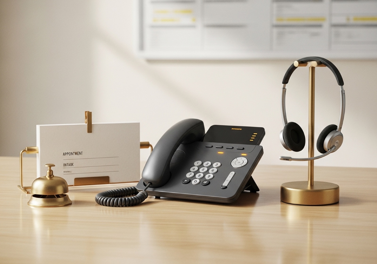 A desk phone with an amber status light, a headset on a brass stand, and intake and appointment cards