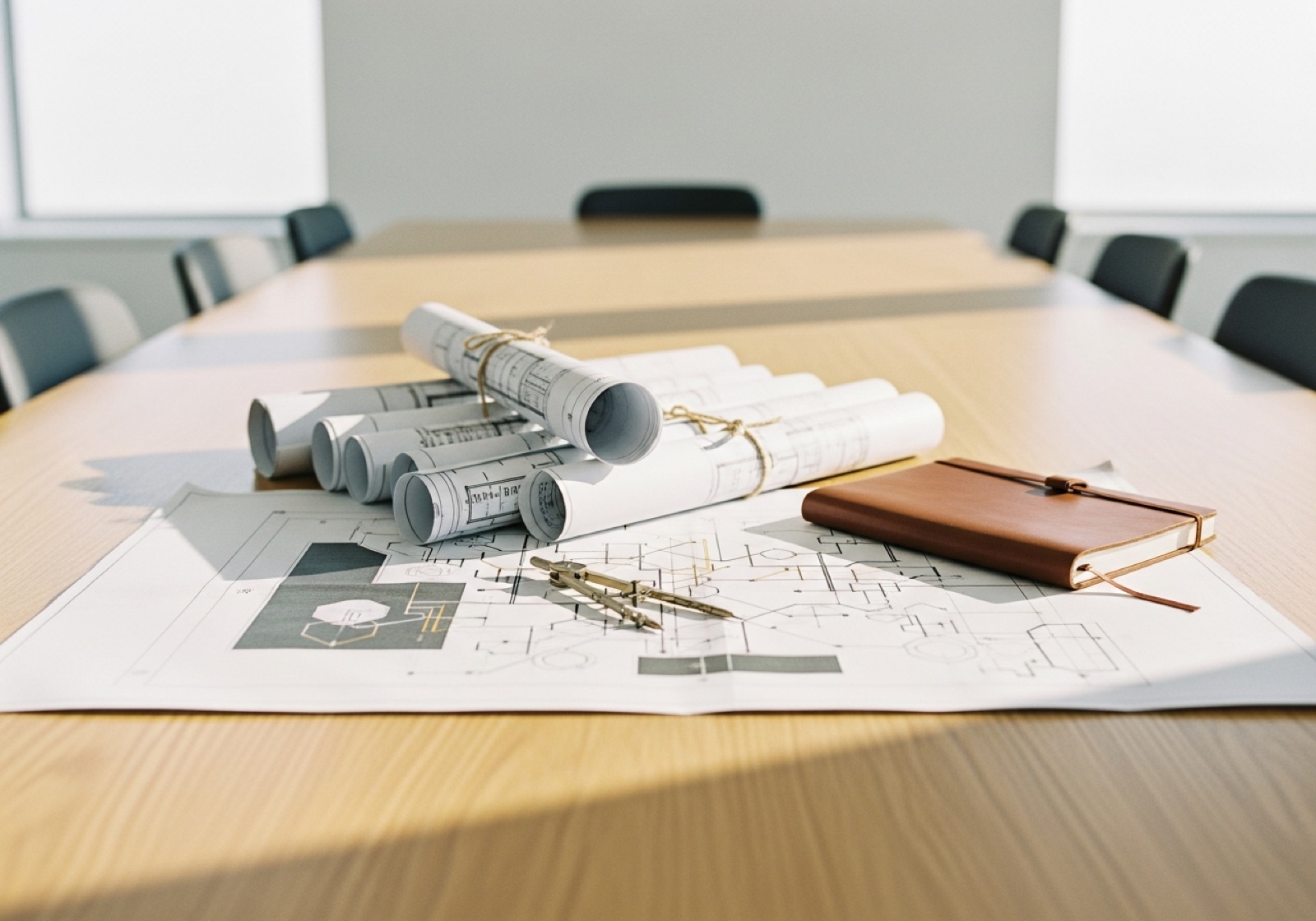 A boardroom table with blueprints and a brass drafting compass