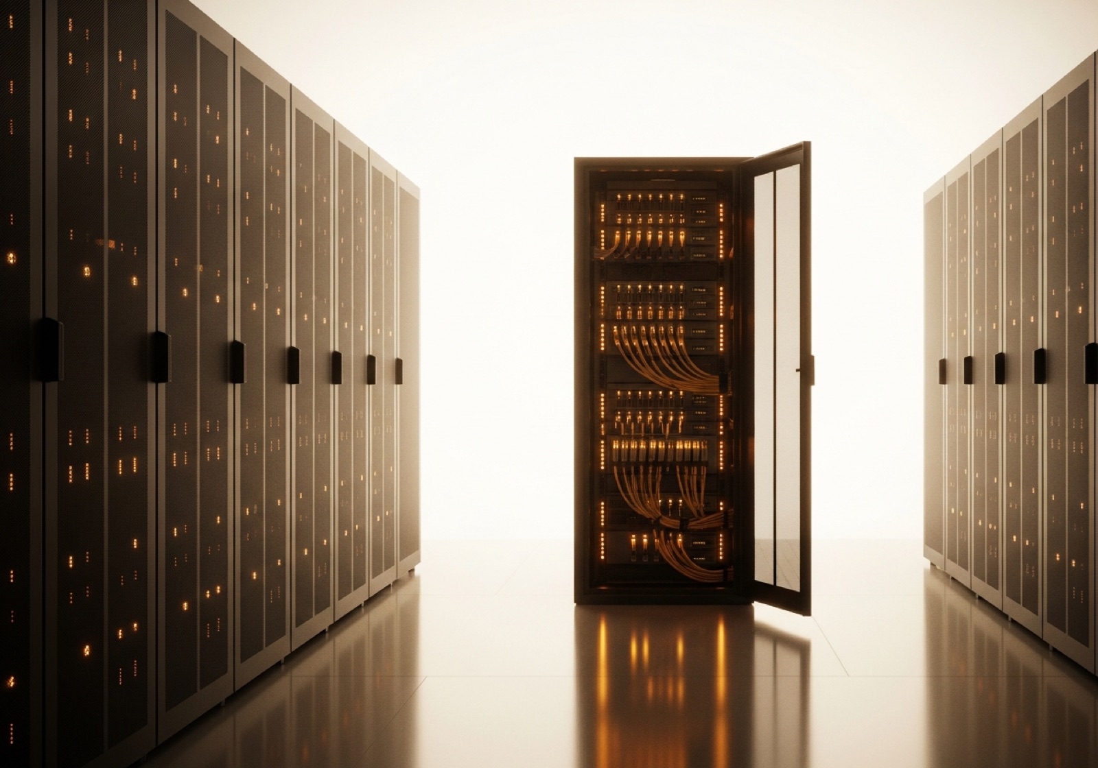 A private data-center aisle glowing with warm gold status lights