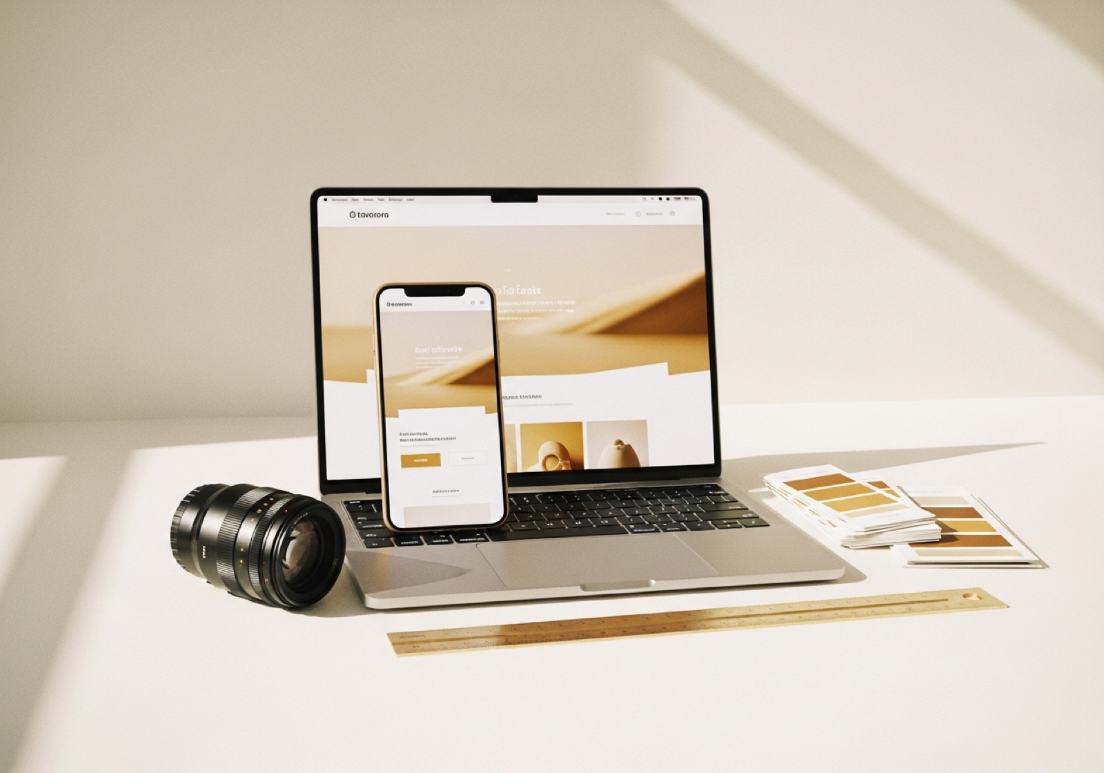 A brand studio desk with the same clean site on laptop and phone